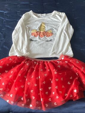Girls Unicorn Top and Red Heart Tulle Skirt Set
